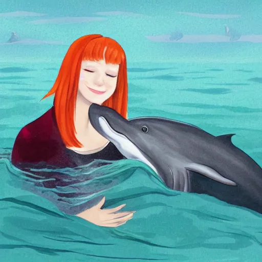Prompt: a portrait of a red headed young woman hugging a dolphin in a scenic environment, by Kawacy
