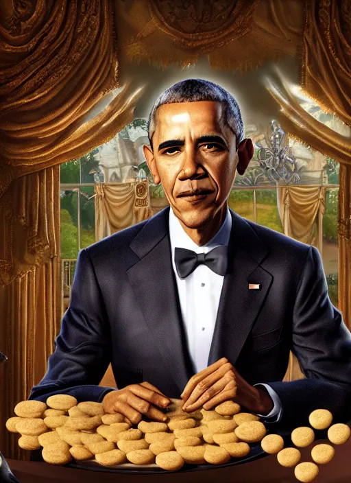 Image similar to highly detailed closeup portrait of obama as a fairytale medieval prince eating cookies, unreal engine, nicoletta ceccoli, mark ryden, lostfish, earl norem, global illumination, god rays, detailed and intricate environment