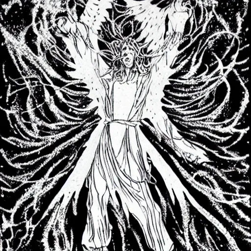 Prompt: black and white pen and ink!!!!!!! Suprani!!!!! wizard Nick Drake wearing High Cosmic print robes made of stars flaming!!!! final form flowing ritual royal!!! Vagabond!!!!!!!! floating magic swordsman!!!! glides dancing through a beautiful!!!!!!! Camellia!!!! Tsubaki!!! death-flower!!!! battlefield behind!!!! dramatic esoteric!!!!!! Long hair flowing dancing illustrated in high detail!!!!!!!! by Hiroya Oku!!!!!!!!! graphic novel published on 2049 award winning!!!! full body portrait!!!!! action exposition manga panel black and white Shonen Jump issue by David Lynch eraserhead and beautiful line art Hirohiko Araki!! Frank Miller, Kentaro Miura!, Jojo's Bizzare Adventure!!!! 3 sequential art golden ratio technical perspective panels horizontal per page