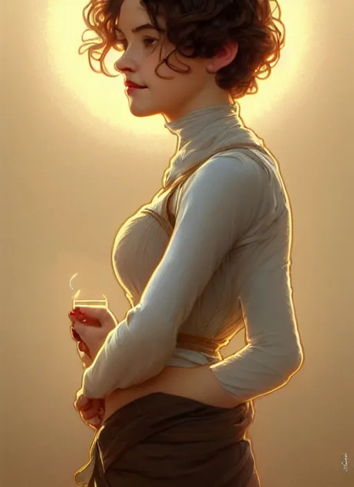 Image similar to full body portrait of a woman with short wavy hair, round face, cottagecore!!, small cup size lake water, intricate, enlightenment, highly detailed, digital painting, artstation, concept art, smooth, sharp focus, illustration, art by artgerm and greg rutkowski and alphonse mucha