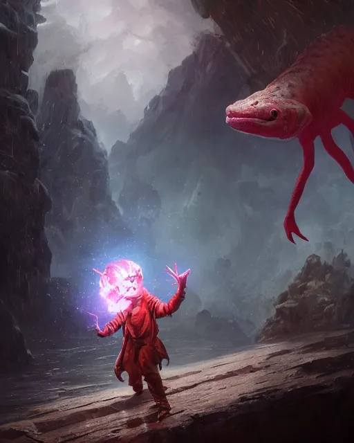 Prompt: oil painting of a Anthropomorphized Axolotl wizard casting epic spell, sharp focus, heroic pose, fantasy style, octane render, volumetric lighting, 8k high definition, by greg rutkowski, highly detailed, trending on art Station, magic the gathering artwork, centered