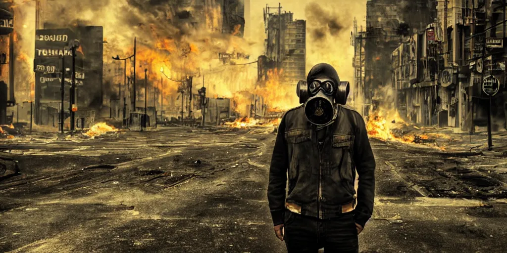 Image similar to post - apocalyptic city streets, close - up shot of an anarchist with a gasmask, burning cars, explosions, acid color smoke, hyperrealistic, gritty, damaged, dark, urban photography, photorealistic, high details