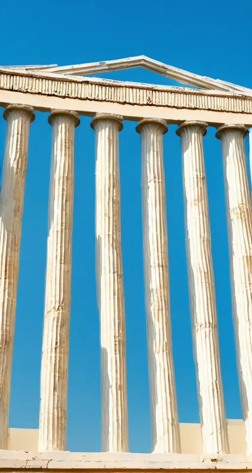 Prompt: pastel yellow greek architecture in front of a light blue clear sky, beautiful, minimalistic, aesthetic, two tone