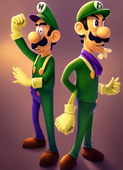 Prompt: luigi and waluigi as mafia gangsters, photorealistic, ultra detailed, trending on artstation, concept art, octane render, unreal engine, by shinji aramaki, by christopher balaskas, by krenz cushart