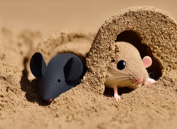 Image similar to wide dslr photo still of a mouse inside a perfect sandcastle, 8 k, 8 5 mm f 1. 4