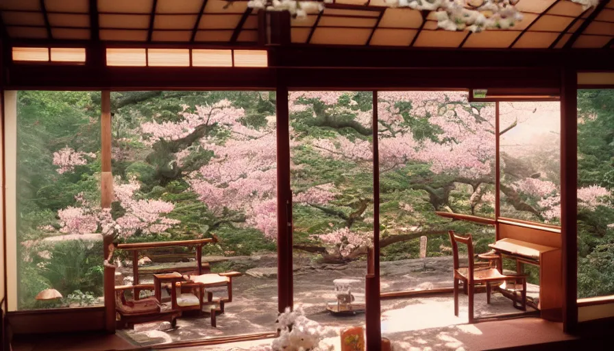 Prompt: 1 9 9 0 s candid 3 5 mm photo of a beautiful day in the a dreamy japanese flowery cottage, cinematic lighting, cinematic look, golden hour, a desk for flower arrangements has sun shinning on it through a window, temple in the distance, uhd