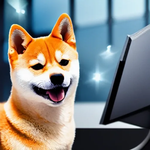 Image similar to shiba inu wearing a gaming headset, playing on computer with screen glowing on face, digital art