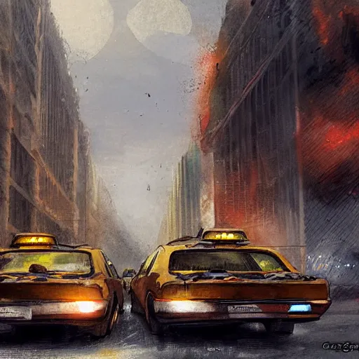 Image similar to a couple of taxis waiting for gas by greg rutkowski