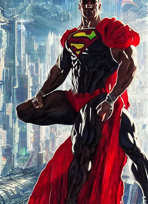 Image similar to portrait of crossfit bodybuilder fitness sprinter superman!, futuristic detailed cyberpunk costume, red and black costume!!!, painted art by tsuyoshi nagano, greg rutkowski, artgerm, alphonse mucha, spike painting