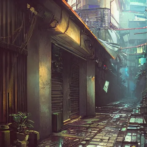 Image similar to an alley in singapore, art by greg rutkowski