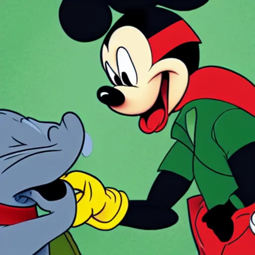 Prompt: Mickey Mouse talking with Master Splinter from TMNT, Disney style,