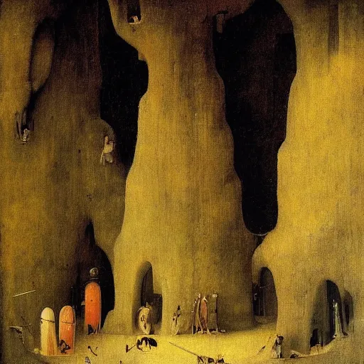 Prompt: deep inside an ancient cave with stalagmites and stalactites, eerie, by hieronymus bosch