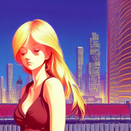 Prompt: a beautiful blond girl, city background, intricate, highly detailed, digital painting, artstation, official media, anime key visual, concept art, rich vivid colors, ambient lighting, sharp focus, illustration, art by Artgerm, Makoto Shinkai, Ilya Kuvshinov, Lois Van Baarle, and Rossdraws