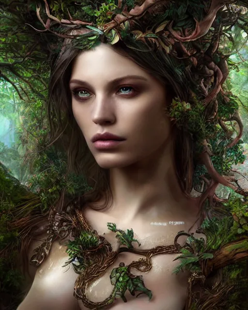 Image similar to portrait high definition photograph female fantasy character art, hyper realistic, pretty face, hyperrealism, iridescence water elemental, snake skin armor forest dryad, woody foliage, 8 k dop dof hdr fantasy character art, by aleski briclot and alexander'hollllow'fedosav and laura zalenga