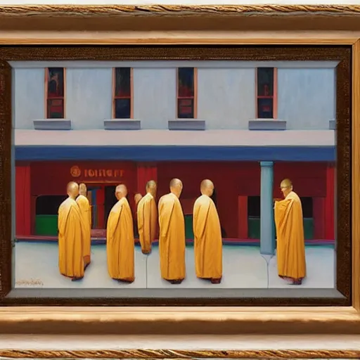 Prompt: monks queue up for ice cream, grant wood, pj crook, edward hopper, oil on canvas