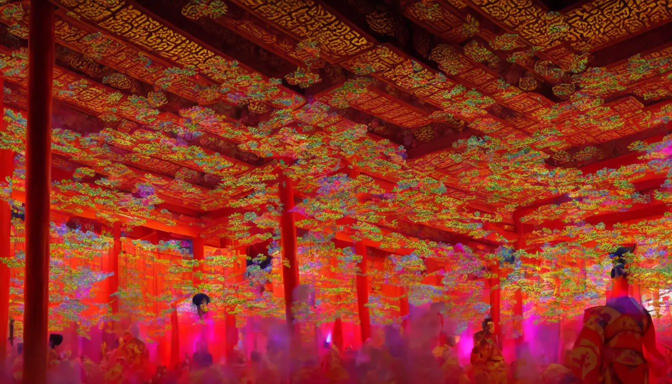 Prompt: volumetric lighting, flowing shimmering colourful fabrics, emerging sounds and an ancient male bearded face , inside a huge traditional Japanese Royal ornate temple , full colour , upscale , 4k