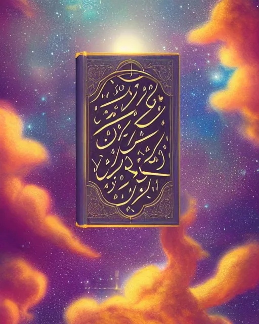 Image similar to the quran descending from the galaxy into clouds highly detailed, gold filigree, romantic storybook fantasy, soft cinematic lighting, award, pastel color palette, featured on artstation, digital art