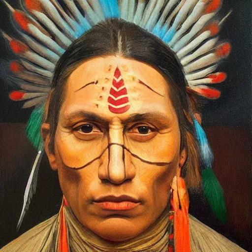 Prompt: Intricate five star Native American facial portrait by Pablo Picasso, oil on canvas,high detail, matte finish, high contrast, 3d depth, masterpiece, vivid colors, artstationhd