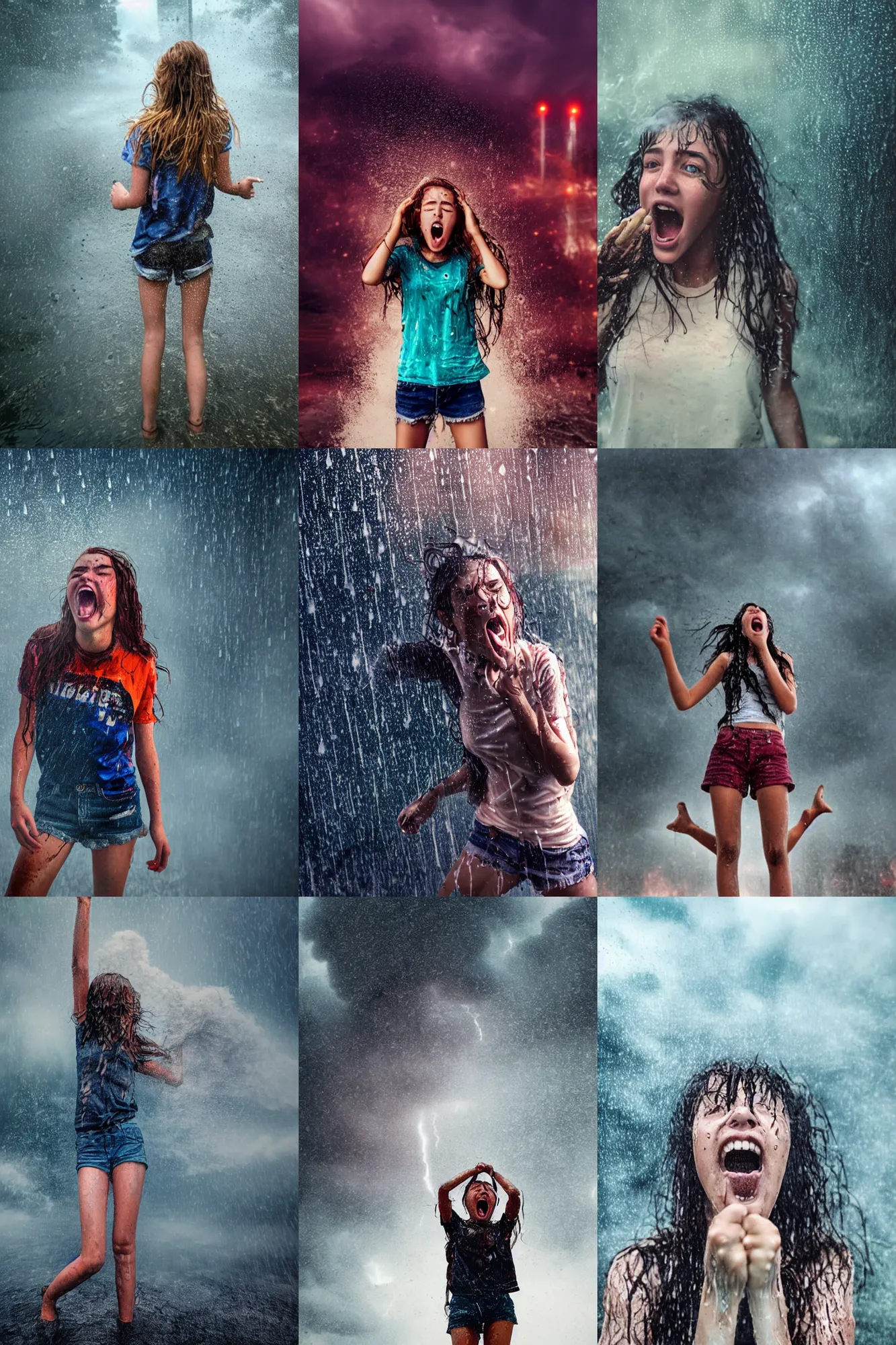 Prompt: detailed photograph of a teenage girl!!!!!! screaming near the camera wearing wet!! and ripped!!! shirt and shorts with towering tall robot blurry behind her, short dof, atmospheric, apocalyptic rain and smoke and lightning, bold colors, dramatic movie still