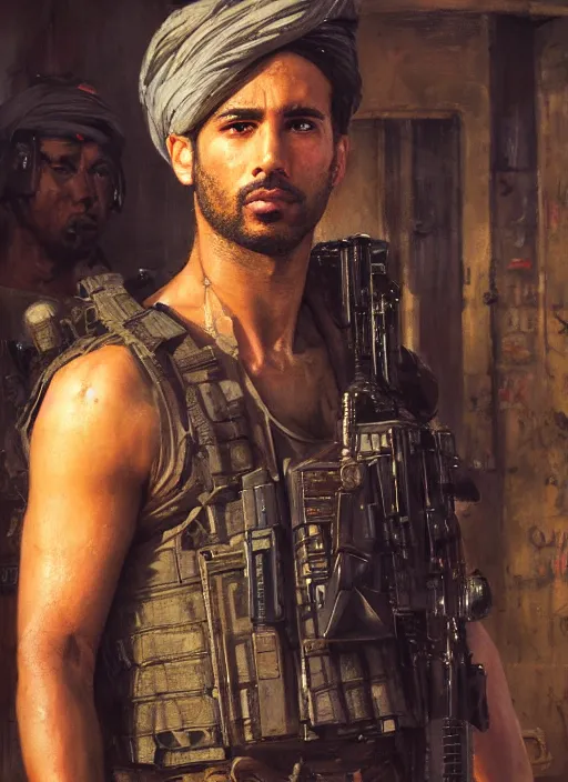 Image similar to 👳♂. cyberpunk mercenary in a military vest ( blade runner 2 0 4 9, cyberpunk 2 0 7 7 ). orientalist portrait by john william waterhouse and james gurney and theodore ralli and nasreddine dinet, oil on canvas. cinematic, hyper realism, realistic proportions, dramatic lighting, high detail 4 k