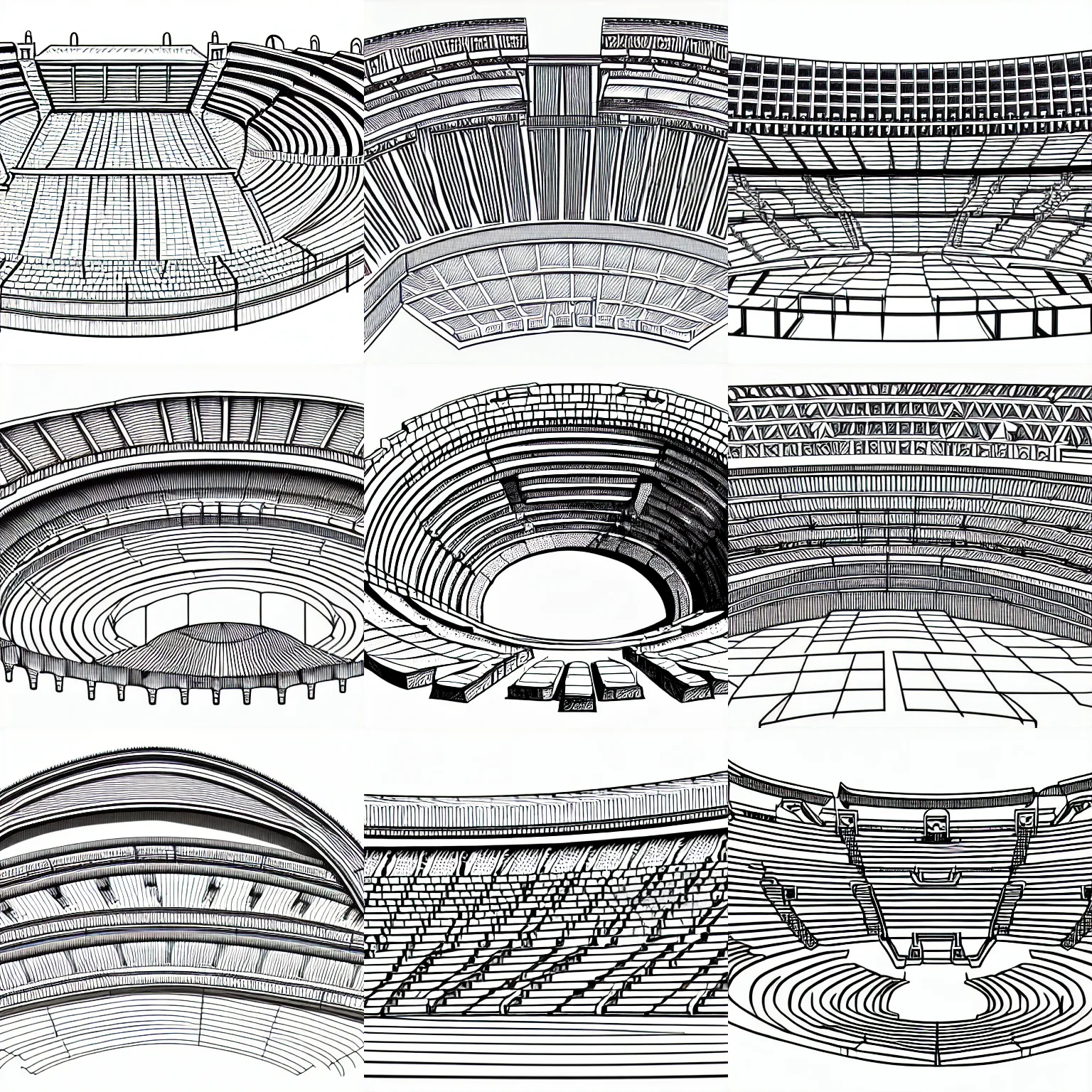 Prompt: highly detailed full frame three quarter shot of a section of ancient amphitheater in smooth shaded vector line - art style, sketch - up, white background