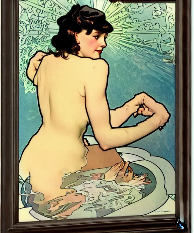 Image similar to Betty Page taking a bath, sharp focus, illustration, art by alphonse mucha