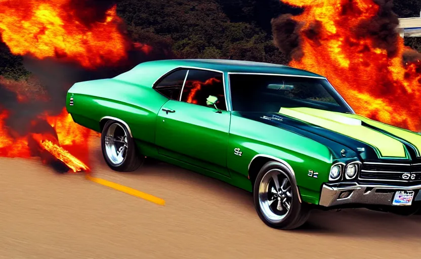 Image similar to a green 1 9 7 0 chevrolet chevelle ss driving high speed, fire explosion in the background, action scen. realistic. high resolution. dramatic