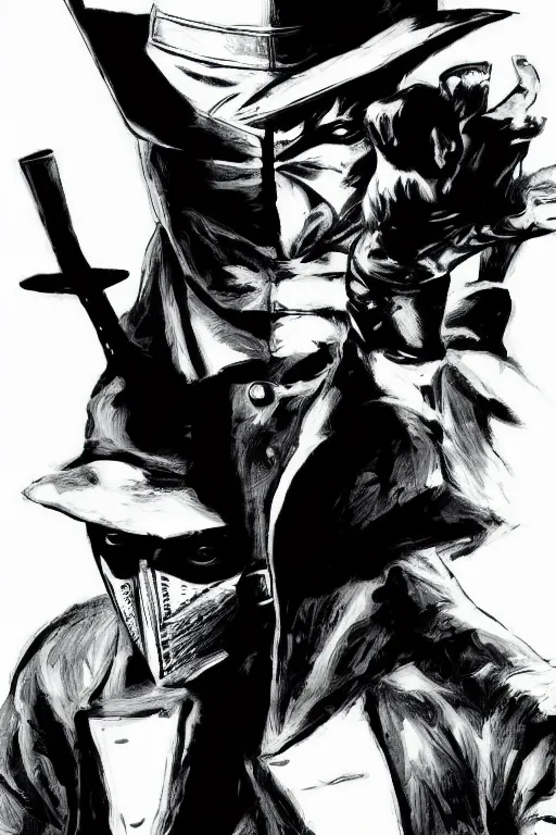 Image similar to black and white illustration of El Zorro, neo noir style, Frank Miller creative design, Josep Tapiró Baró