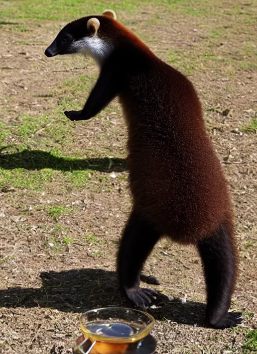 Prompt: coati drinking a whisky bare hands