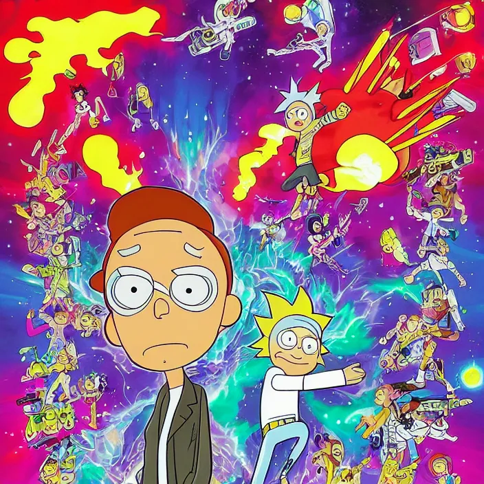 Prompt: Michael J. Fox as Morty Smith from Rick and Morty by Noriyoshi Ohrai and Lisa Frank, inking, full color