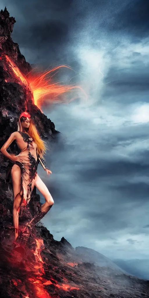 Image similar to volcano eruption apocalyptic scene with a long haired flowing blonde cyber girl futuristic runway fashion rick owens bladerunner stormy weather high detailed result