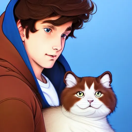 Image similar to teen boy with brown hair and big blue eyes, wearing a hoodie, holding a fluffy white persian cat, natural lighting, path traced, highly detailed, high quality, digital painting, by don bluth and ross tran and studio ghibli and alphonse mucha, artgerm