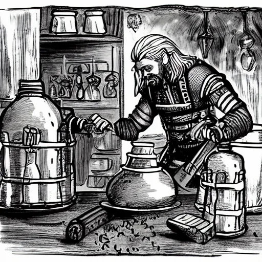 Prompt: Geralt or rivia in brewing potions in an alchemist laboratory detailed illustration