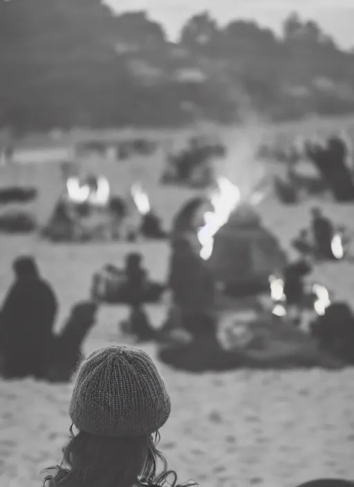 Image similar to a 3 5 mm photo from the back of a woman watching a bonfire on the beach, splash art, movie still, bokeh, canon 5 0 mm, cinematic lighting, dramatic, film, photography, golden hour, depth of field, award - winning, anamorphic lens flare, 8 k, hyper detailed, 3 5 mm film grain