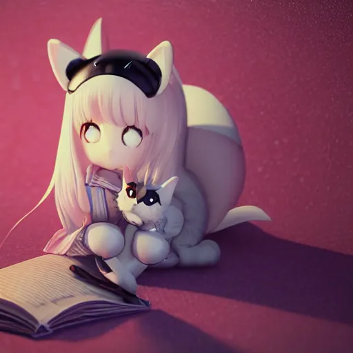 Image similar to Manga book cover portrait of an extremely cute and adorable beautiful ASMR anime girl with cat ears, 3d render diorama by Hayao Miyazaki, official Studio Ghibli still, color graflex macro photograph