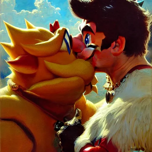 Prompt: a portrait of a super mario kissing bowser. highly detailed painting by gaston bussiere, craig mullins, j. c. leyendecker, furry