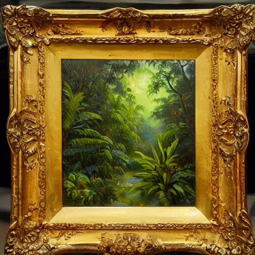 Prompt: an oil painting of a treasure lost in a lush rainforest