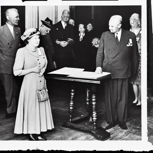 Image similar to ultra wide 1 9 4 6 historical photo 1 3 5 mm of a single german general signing a peace treaty, a young queen elizabeth holds a corgi and watches the general sign the treaty, french village interior, highly detailed, sharp focus