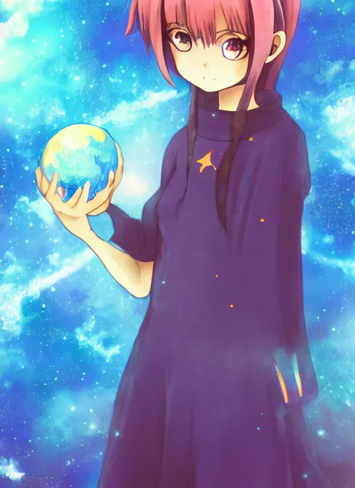 Image similar to an anime in outer space holding a small blue planet in her hands, no other planets, digital art, anime