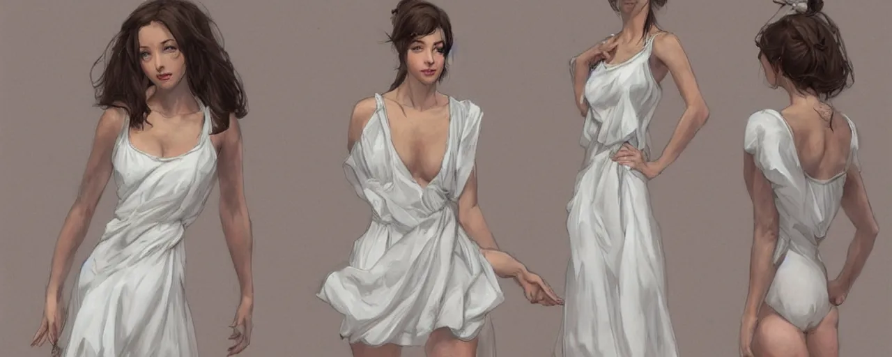 Image similar to character design, reference sheet, ancient white dress, relaxing, 15 years old female, happy, beautiful, elegant, no shoes, open v chest clothes, long dark hair, concept art, photorealistic, hyperdetailed, 3d rendering! , art by Leyendecker! and constable,