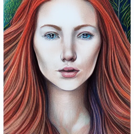 Image similar to full body detailed colored pencil drawing of a beautiful red haired woman with a beautiful face, high detail, intricate clothing