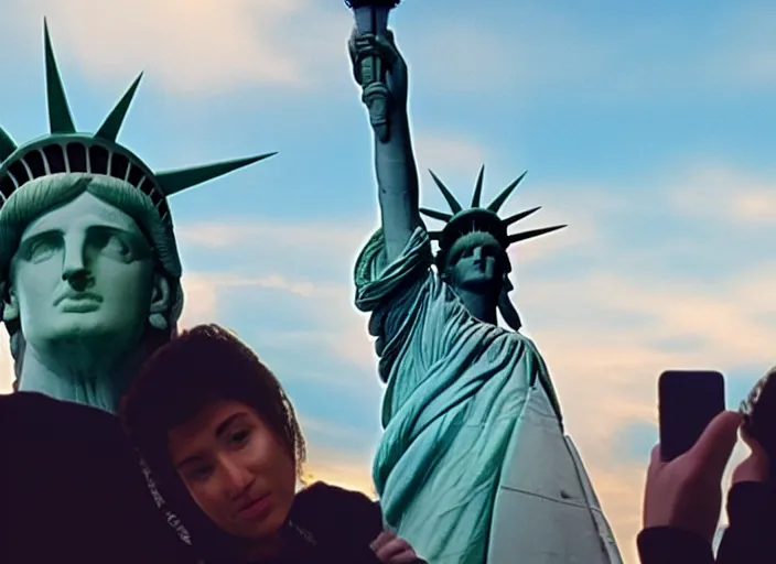 Prompt: statue of liberty taking a selfie, instagram filter, movie still from the movie clueless, 8 k, realistic