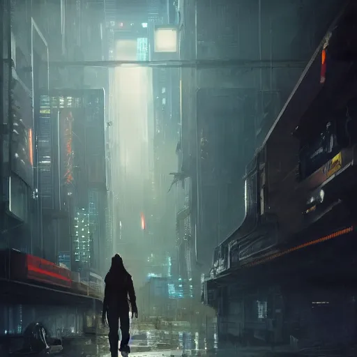 Image similar to a wanderer in a cyberpunk city, megastructure in the background, night, dramatic lighting, chiaroscuro, high detail, painted by greg rutkowski, painted by igor kieryluk, painted by raymond swanland, trending on artstation