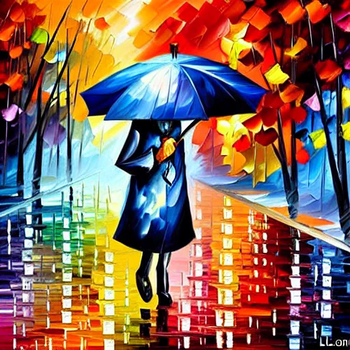 Prompt: wolf with hat and umbrella in the rain, by leonid afremov