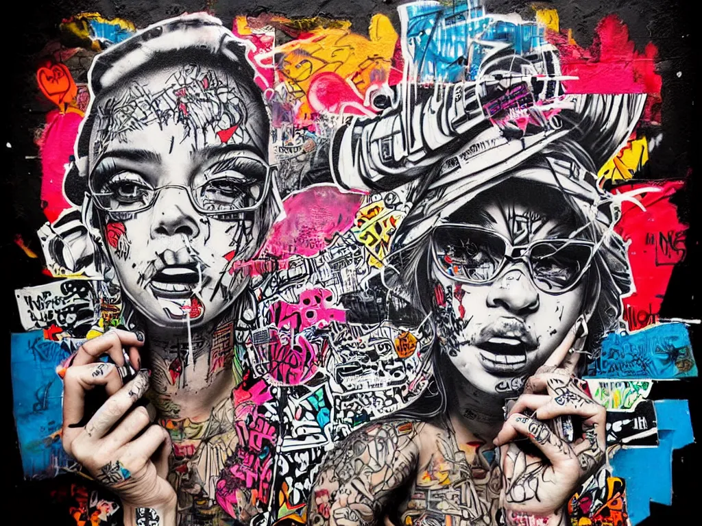 Prompt: a multilayered mixed media street art on paper bursting with nostalgic pop culture and hiphop references, punk and graffiti symbols and tattoo designs, sharp details and in focus, high resolution, flat evenly lit background, art by stikki peaches