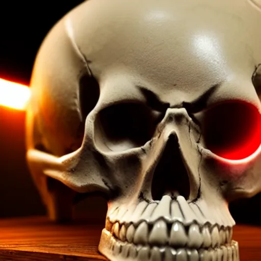humanoid skull, glowing red eyes, on a table, | Stable Diffusion | OpenArt