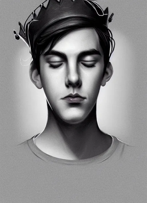 Image similar to portrait of teenage jughead jones wearing a light grey crown, photorealistic, crown, eyes closed, crown, black hair, sweater with letter s on it, letter s, intricate, elegant, glowing lights, highly detailed, digital painting, artstation, concept art, smooth, sharp focus, illustration, art by wlop, mars ravelo and greg rutkowski