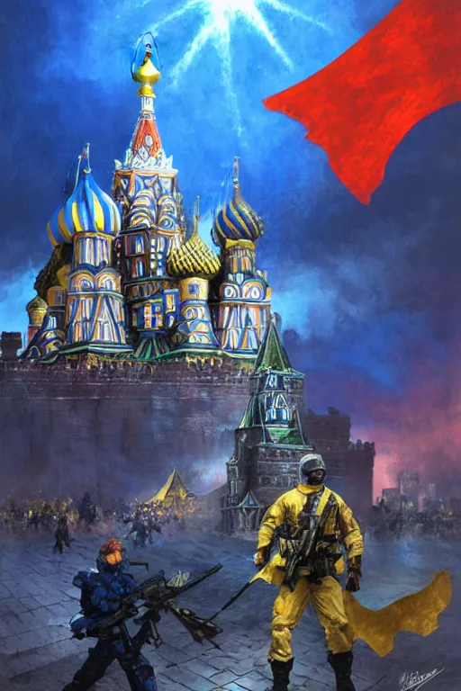 Image similar to special forces soldier installin ukrainian blue and yellow flag on red square kremlin, masculine figure, d & d, fantasy, bright atmosphere, volumetric lights, intricate, elegant, extremely detailed, digital painting, artstation, concept art, matte, smooth, sharp focus, hyper realistic, illustration, art by artgerm and greg rutkowski and alphonse mucha