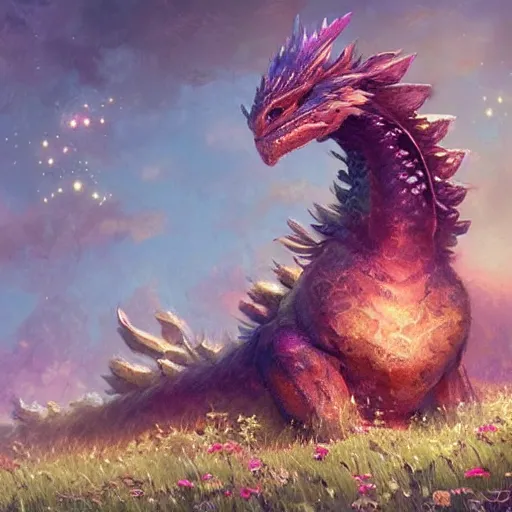 Image similar to beautiful digital fantasy illustration of a closeup adorable giant fluffy feathered sparkling pearlescent pastel dragon sitting alone in a flower meadow, concept art by greg rutkowski, anato finnstark, and rebecca guay, highly detailed, soft lighting, rendered in octane