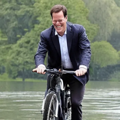 Image similar to mark rutte riding bicycle on water